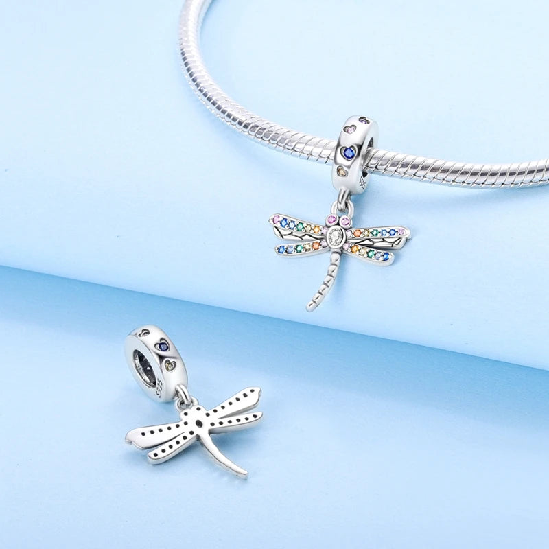 100% 925 Sterling Silver Exquisite Colored Dragonfly Charms Pendants Sparkling Zircon Fit Qikaola Original Bracelets DIY Jewelry