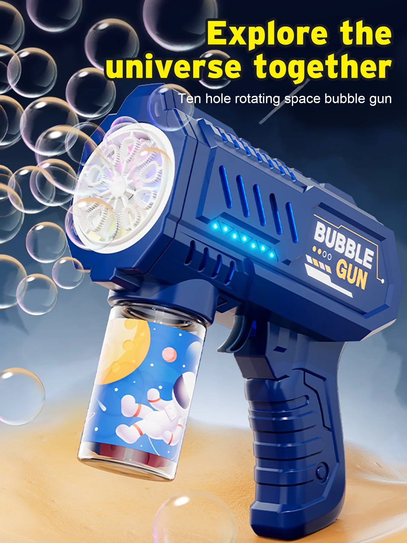 Children bubble machine glowing toy fully automatic bubble gun produces a large amount bubbles without battery and bubble water