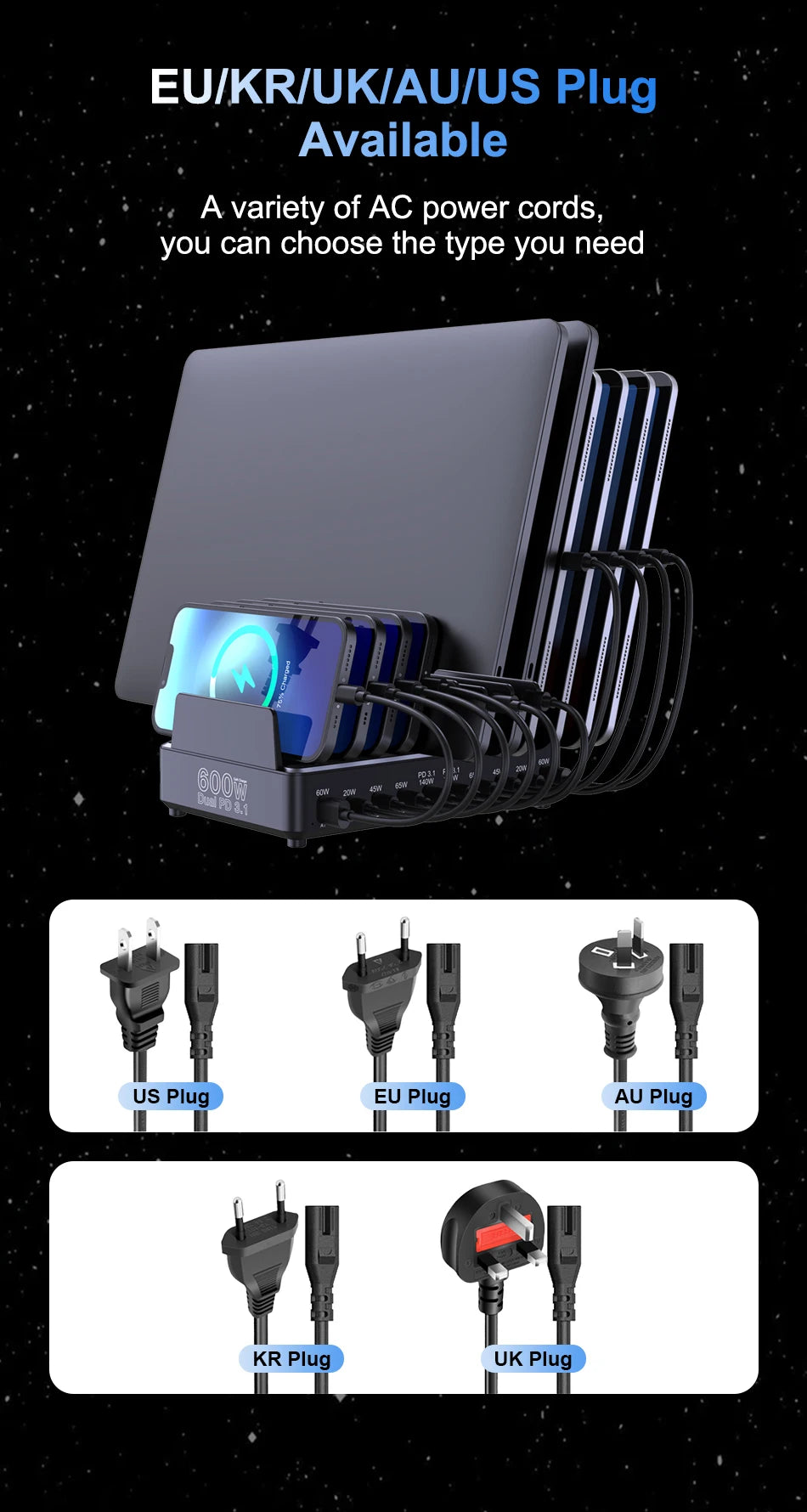 Ueetop 600W Multi USB Fast Charger 10-Port GaN PD 3.1 Charging Station Stand for MacBook iPhone 16 15 iPad Samsung Tablet Laptop