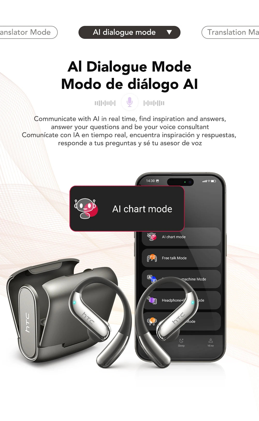 HTC NE23 Earphones Bluetooth V6.0 Open-Ear Wireless Headphones AI Translator Earbuds HD Call Sleek Thin lightweight Earhook