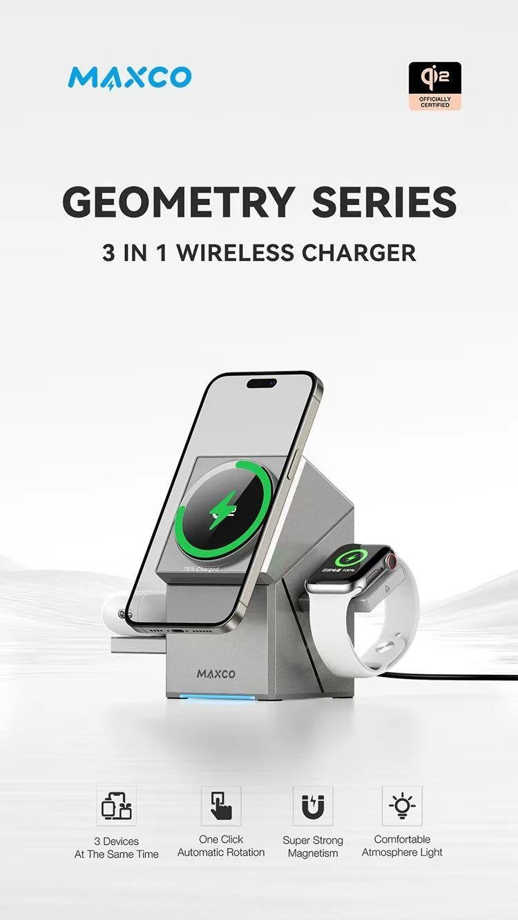 QI2 3 in 1 Wireless Charger Stand Magnetic Qi2 15W Fast Charging for iPhone 12 13 14 15 16 Apple Watch 9 8 7 6 5 Airpods 2 3 Pro