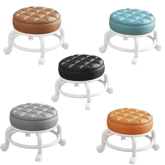 PU Leather Rolling Stool with Wheels - Portable Round Moisture-Proof Ottoman, Thickened Seat Cushion, Low Profile Stool for Vani