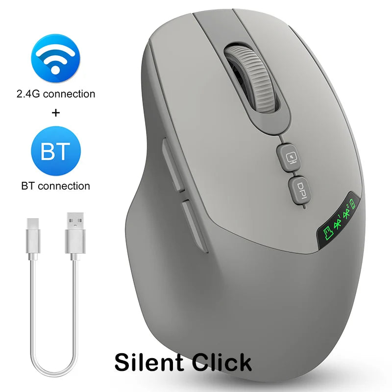 Noiseless Dual Mode Wireless Mouse Bluetooth 2.4G, Silent Click, DPI Adjustable, 500mA Battery, Display for PC Laptop Mac