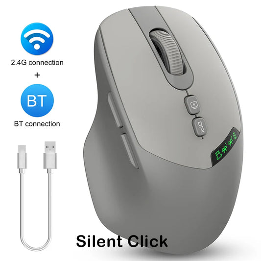 Noiseless Dual Mode Wireless Mouse Bluetooth 2.4G, Silent Click, DPI Adjustable, 500mA Battery, Display for PC Laptop Mac
