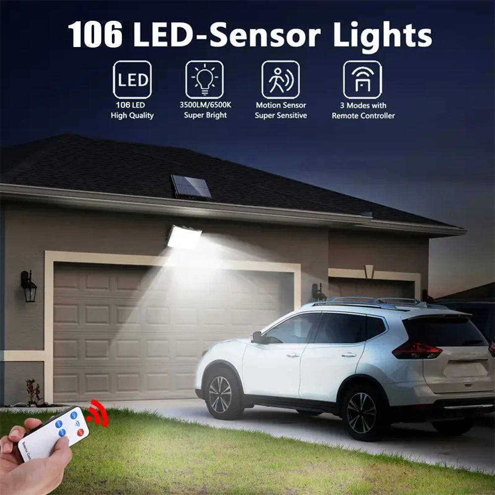 Solar Light Outdoor Waterproof 106 LEDS with Motion Sensor Floodlight Remote Control 3 Modes for Patio Garage Garden Decoration