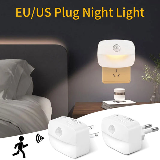 EU/US Plug LED Night Light Mini PIR Motion Sensor Lamp 3 Modes Bedside Light For Bedroom Hallway Stairs WC Bedside Night Lamp