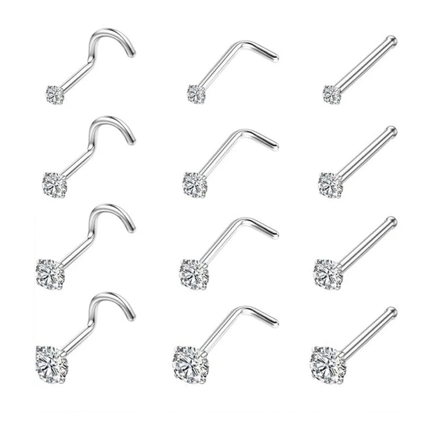 4-12pcs Cubic Zirconia Nose Studs 20G Nose Piercing Jewelry Bone L Shaped Shiny Crystal Bone Nostril Piercing Jewelry