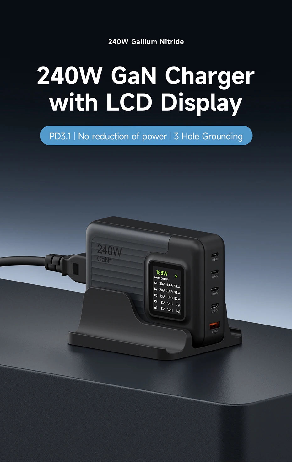 Hagibis 240W USB C Charger 5 Ports GaN 140W PD3.1 Fast Charger Desktop Charging Station with LCD Display For MacBook Pro Laptops