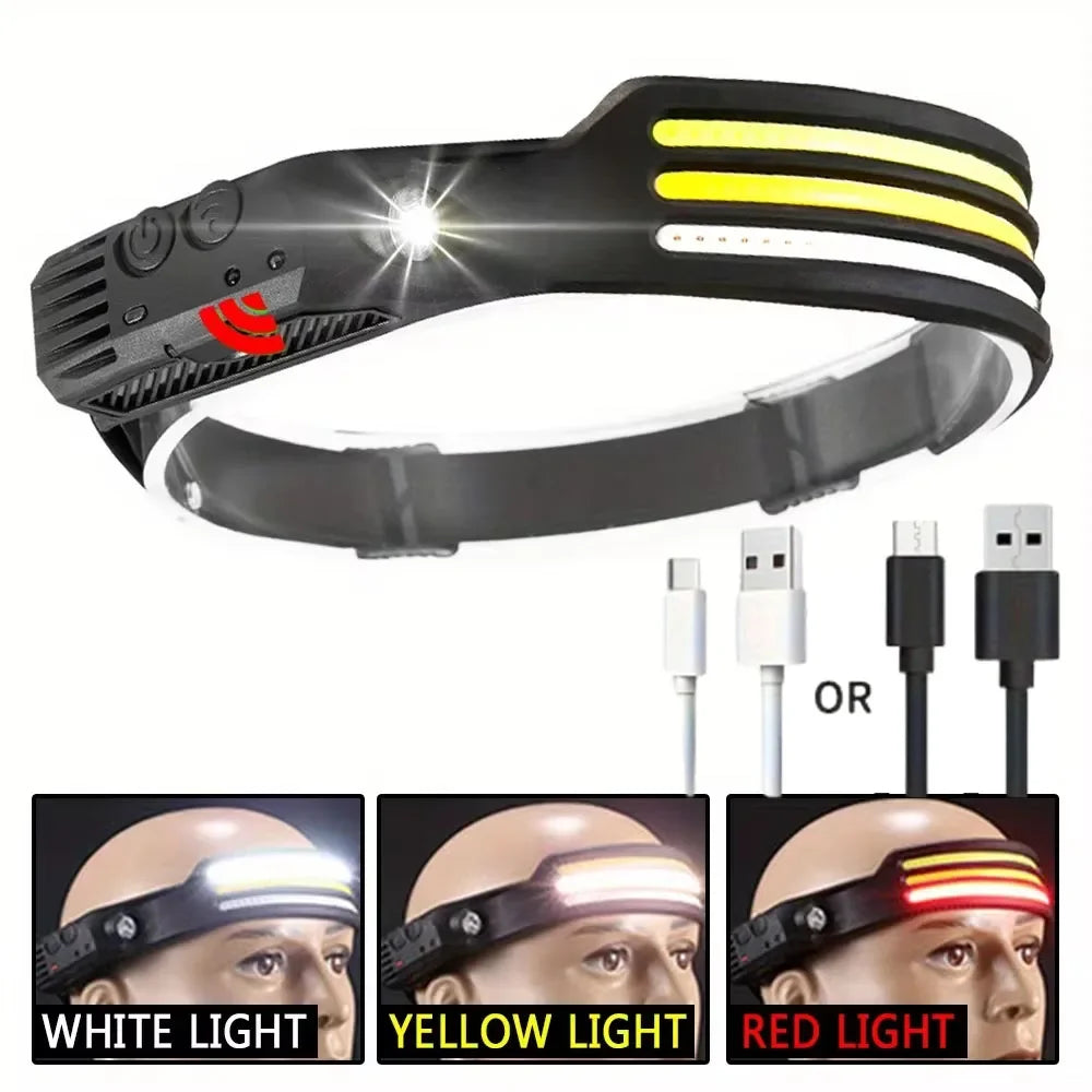 Multi-functional COB Headlamp Induction 6000K LED Bar Head Torch Work Light 5 Modes Rechargeable for Climbing Running Cycling