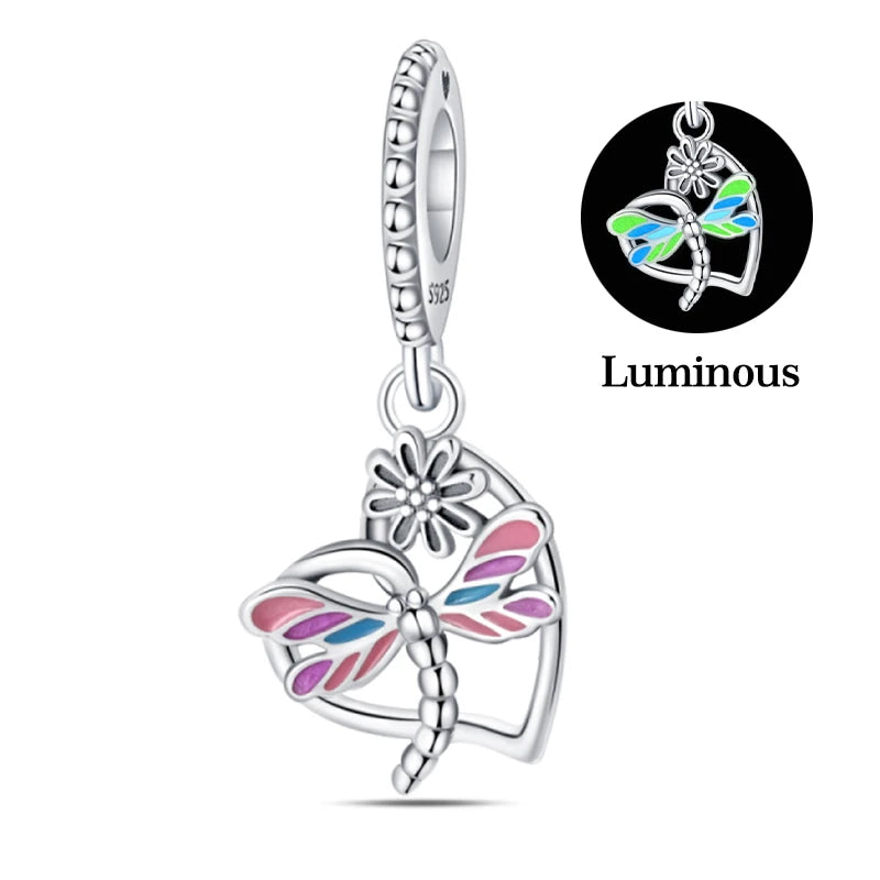 100% 925 Sterling Silver Exquisite Colored Dragonfly Charms Pendants Sparkling Zircon Fit Qikaola Original Bracelets DIY Jewelry