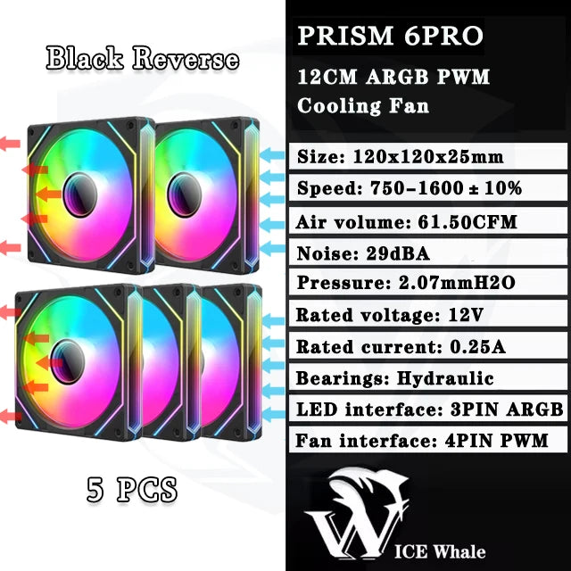 ICE Whale Prism 6PRO PC Case Fan 12cm 3-sided Infinite Mirror 5V 3PIN ARGB Motherboard Lighting Sync 4PIN PWM Silent Cooling Fan