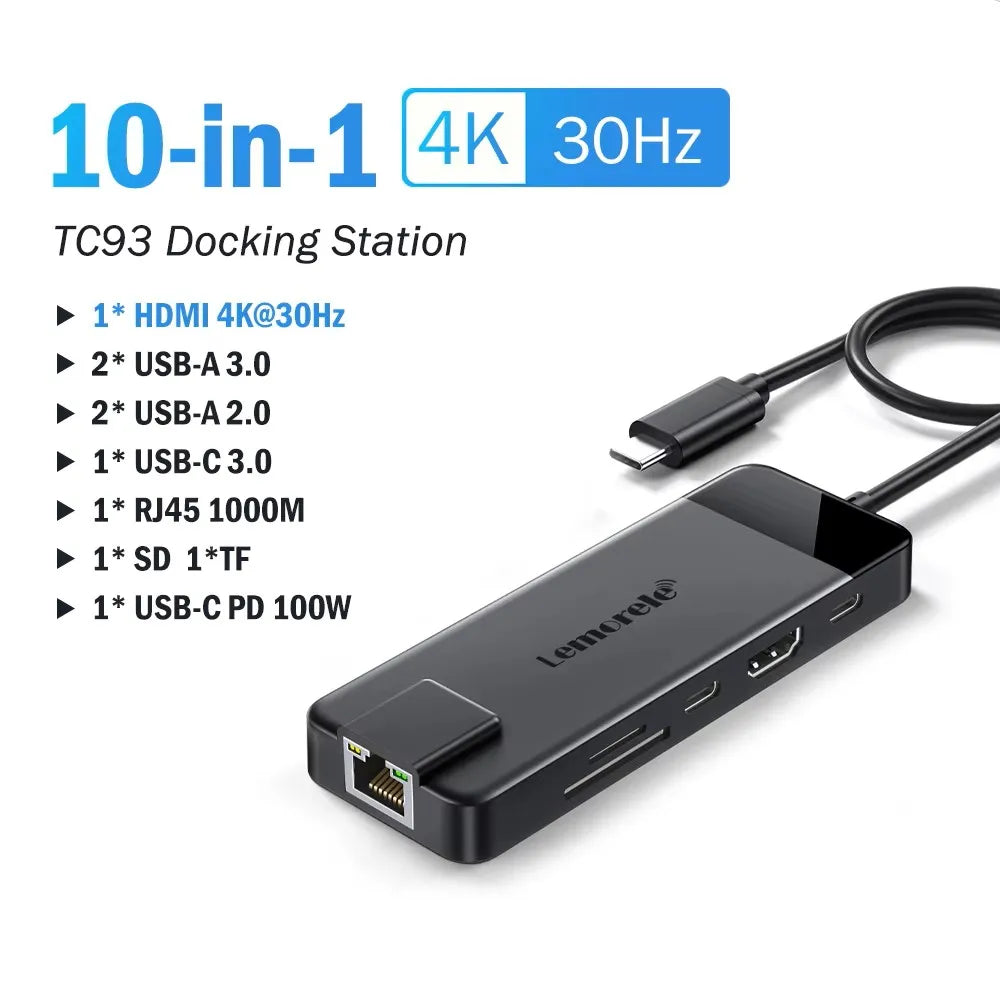 Lemorele 10 in 1 USB C HUB Docking Station Type C Adapter 4K@60Hz HDMI 100W PD RJ45 1000Mbps Ethernet SD/TF Slot for Mac Laptop