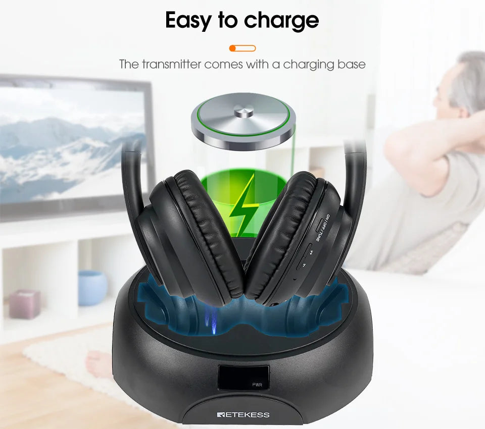 RETEKESS TA006 Wireless Headphone TV Watching Rechargeable Wireless Earphone with Transmitter Support Coaxial Fiber 3.5 AUX RCA
