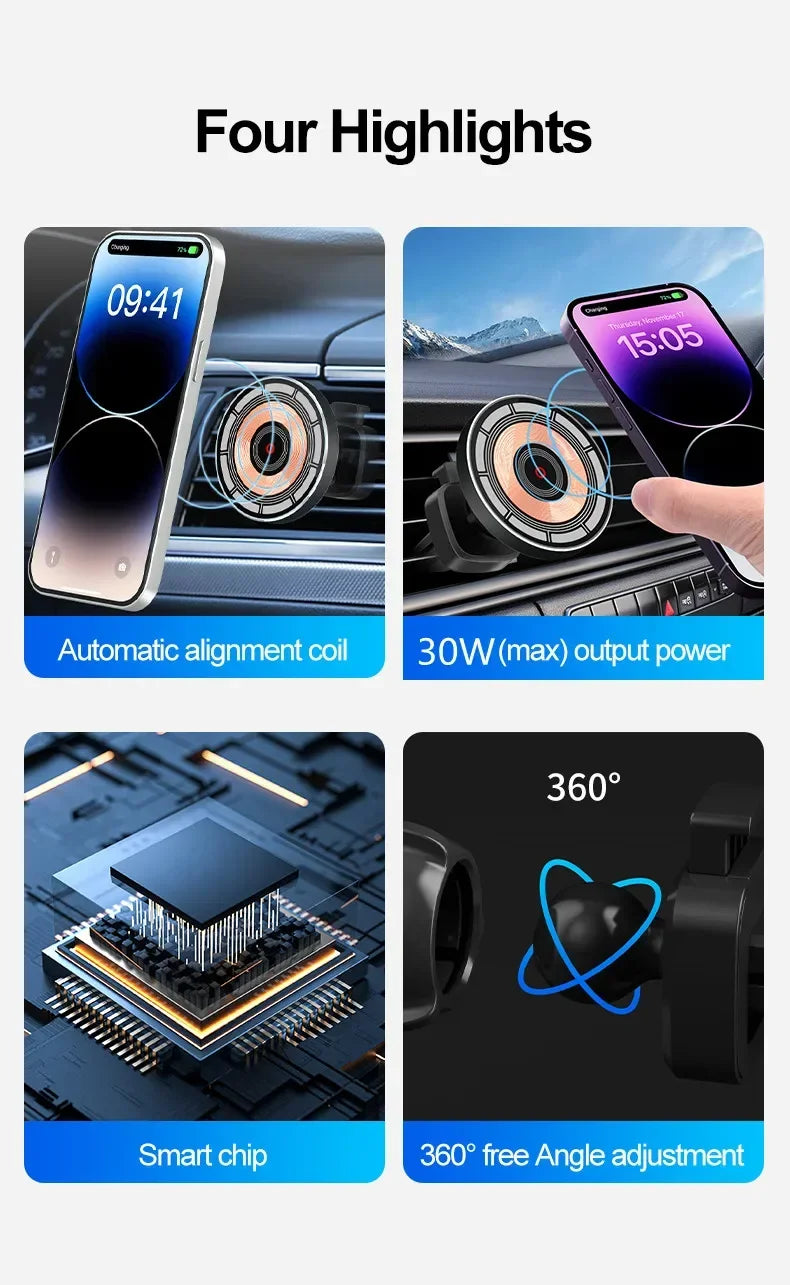30W Car Magnetic Wireless Charger Phone Holder Stand for iPhone 15 14 13 12 Pro Max Samsung Car Mount Fast Charging Dock Station