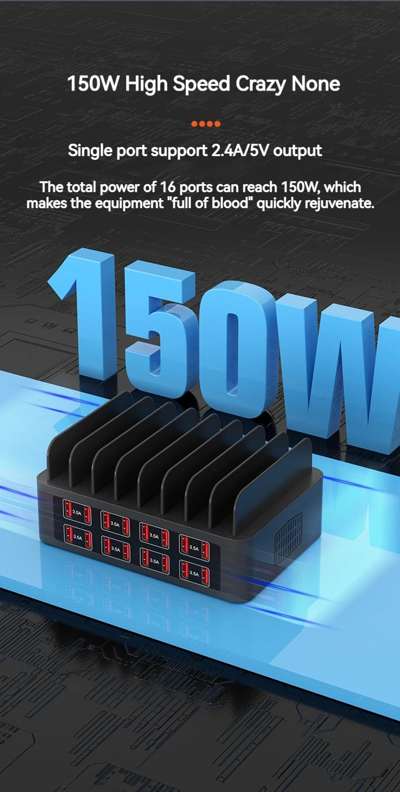 ASENGRY 150W Universal Multi USB Charger 16 Port USB Charging Station Tablet Stand For Ipad Iphone 15 14 13 Pro Max Samsung S24