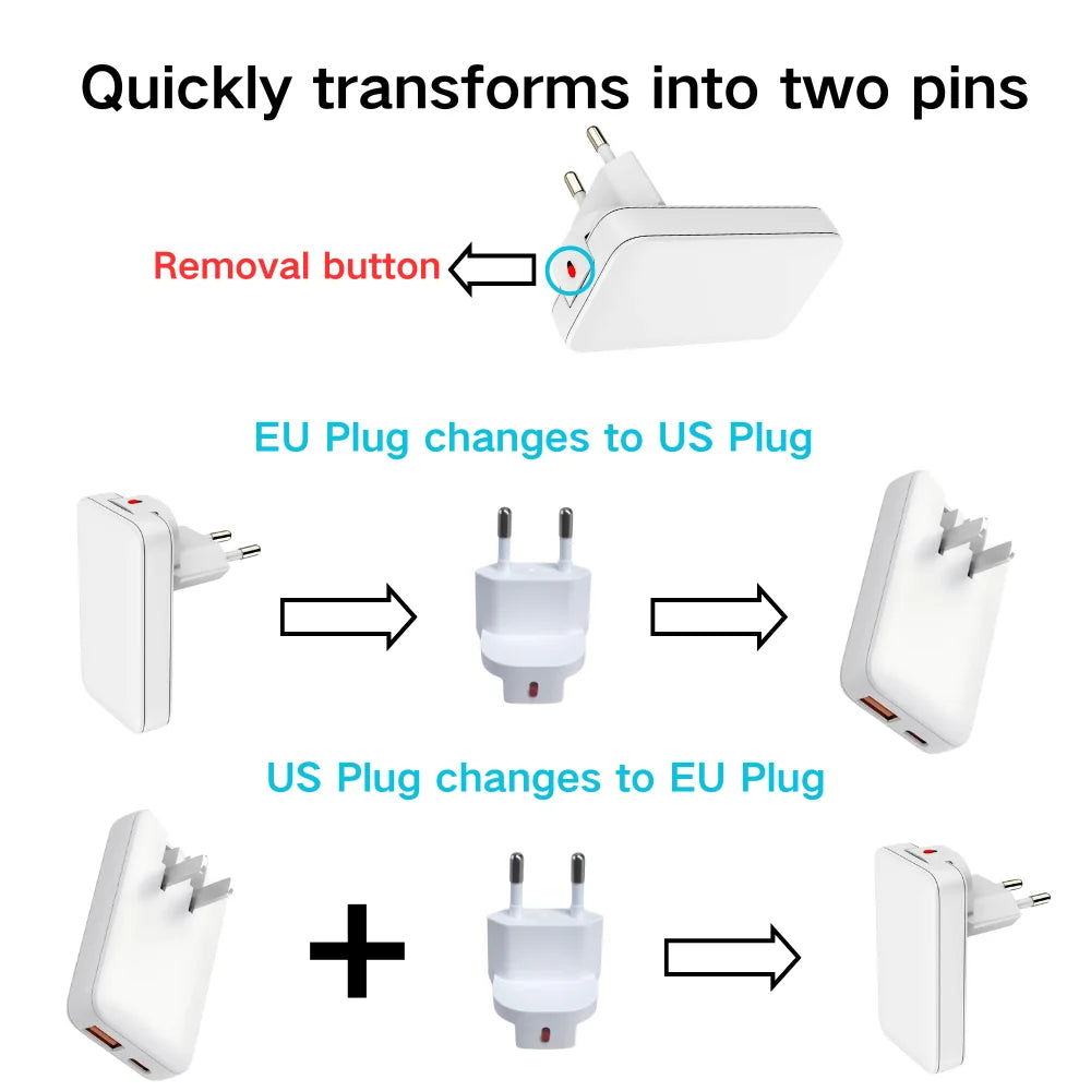 Flat USB C Wall Charger 65W GaN USB-A USB-C Wall Charger Ultra Slim Folding Travel Dual Port USB Wall Charger For Phones Tablets