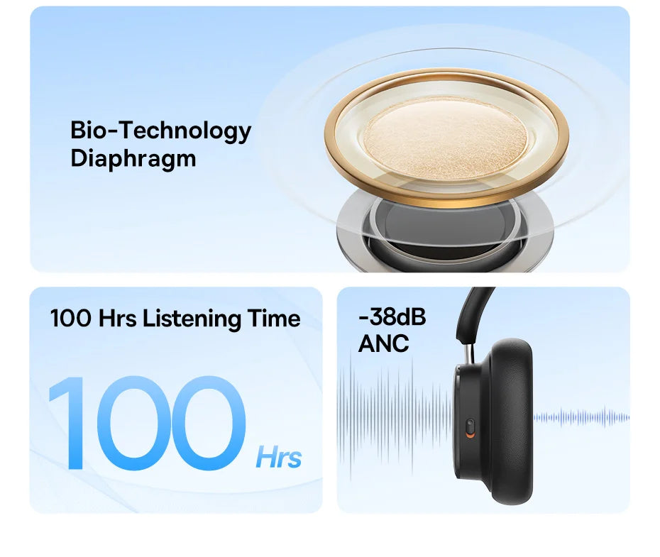 Baseus H1i ANC Wireless Bowie Headphone Bluetooth 5.3 Noise Cancellation Hi-Res 38db 3D Spatial Audio Ear Headsets