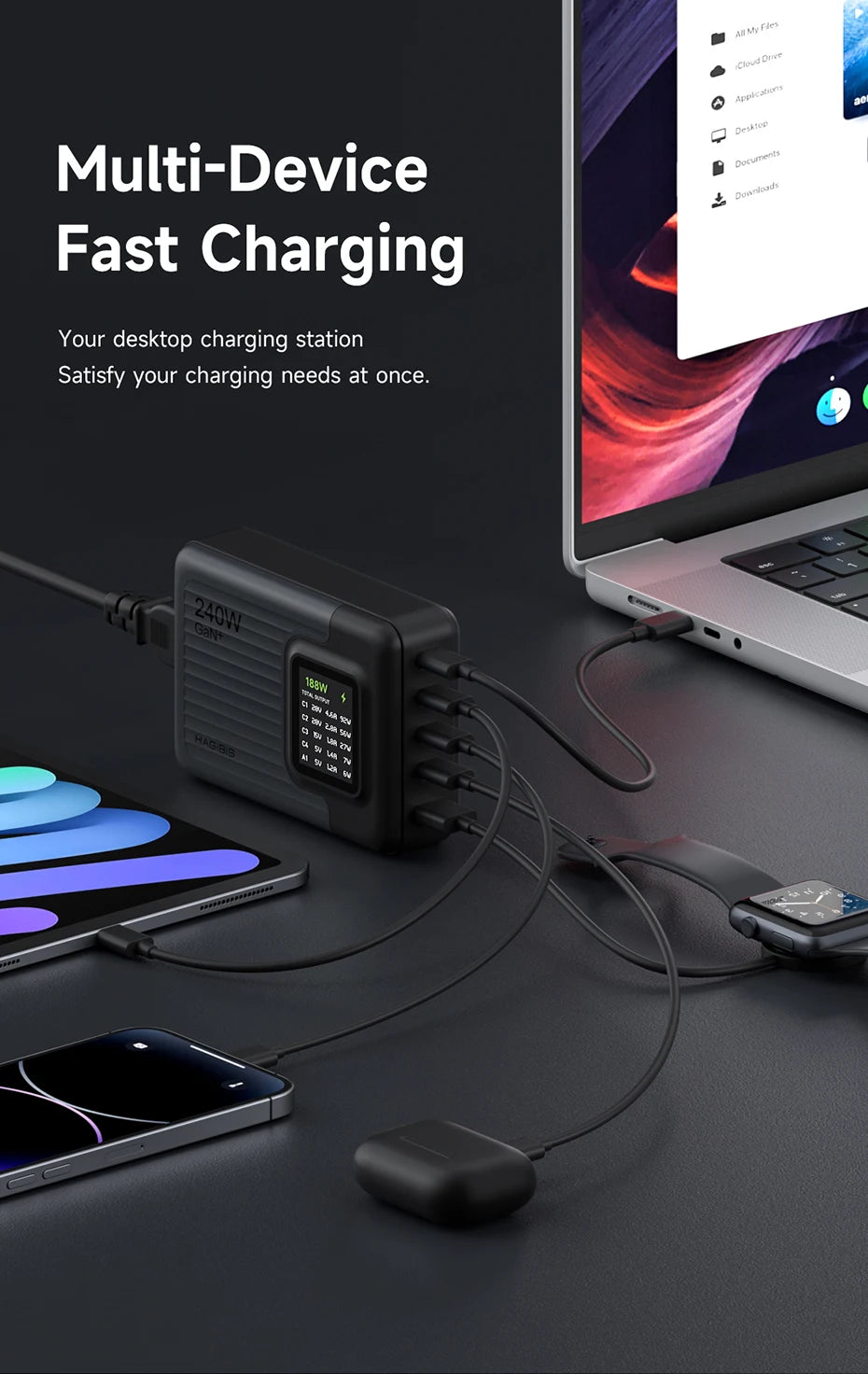 Hagibis 240W USB C Charger 5 Ports GaN 140W PD3.1 Fast Charger Desktop Charging Station with LCD Display For MacBook Pro Laptops