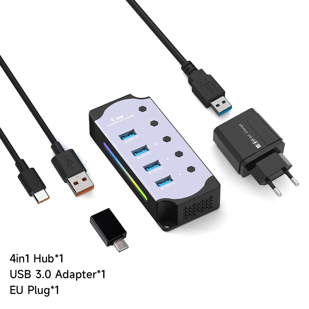 10 in 1 Powered USB HUB USB 3.0 Interface Individual Switch RGB E-Marker Heat Dissipation Design DC 5V Power Supply Adapter
