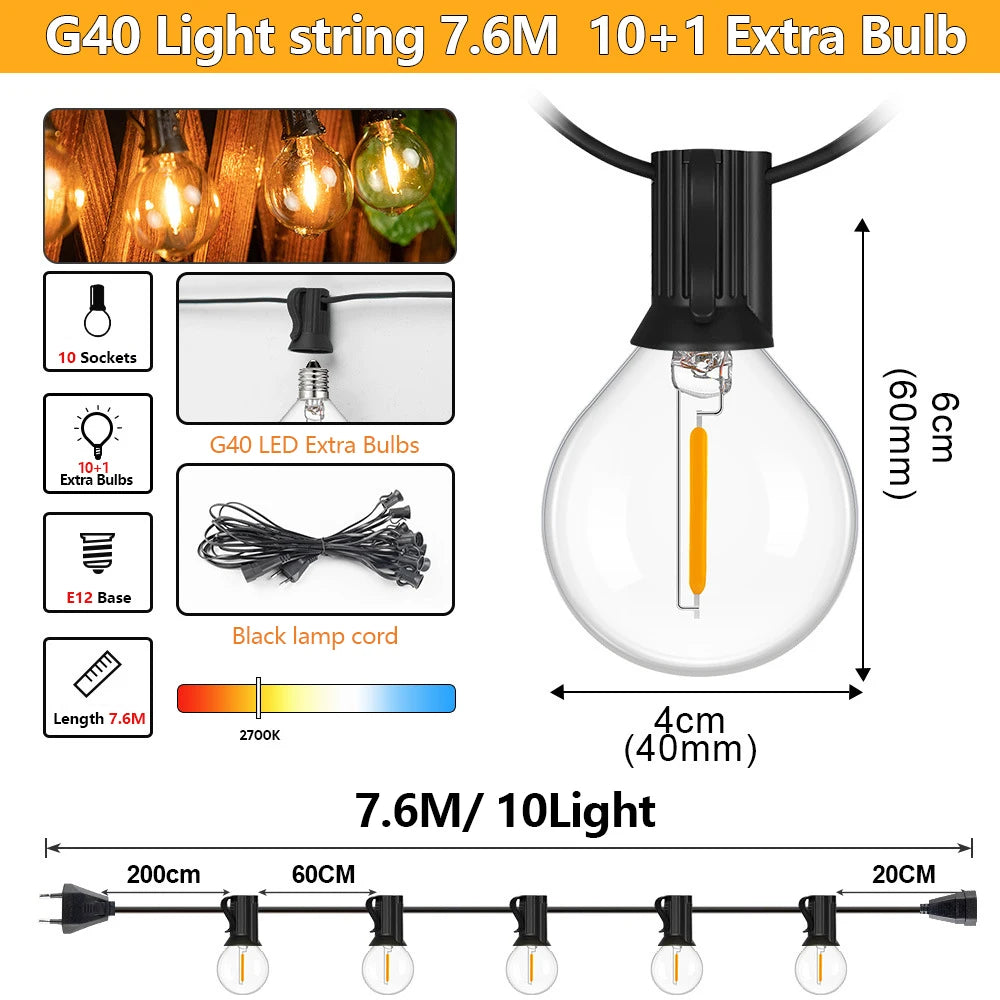 String Lights LED 15 Light Bulbs 10M G40 Globe String Lights Shatterproof Patio Lights for Indoor/Outdoor Commercial Decor Lamp
