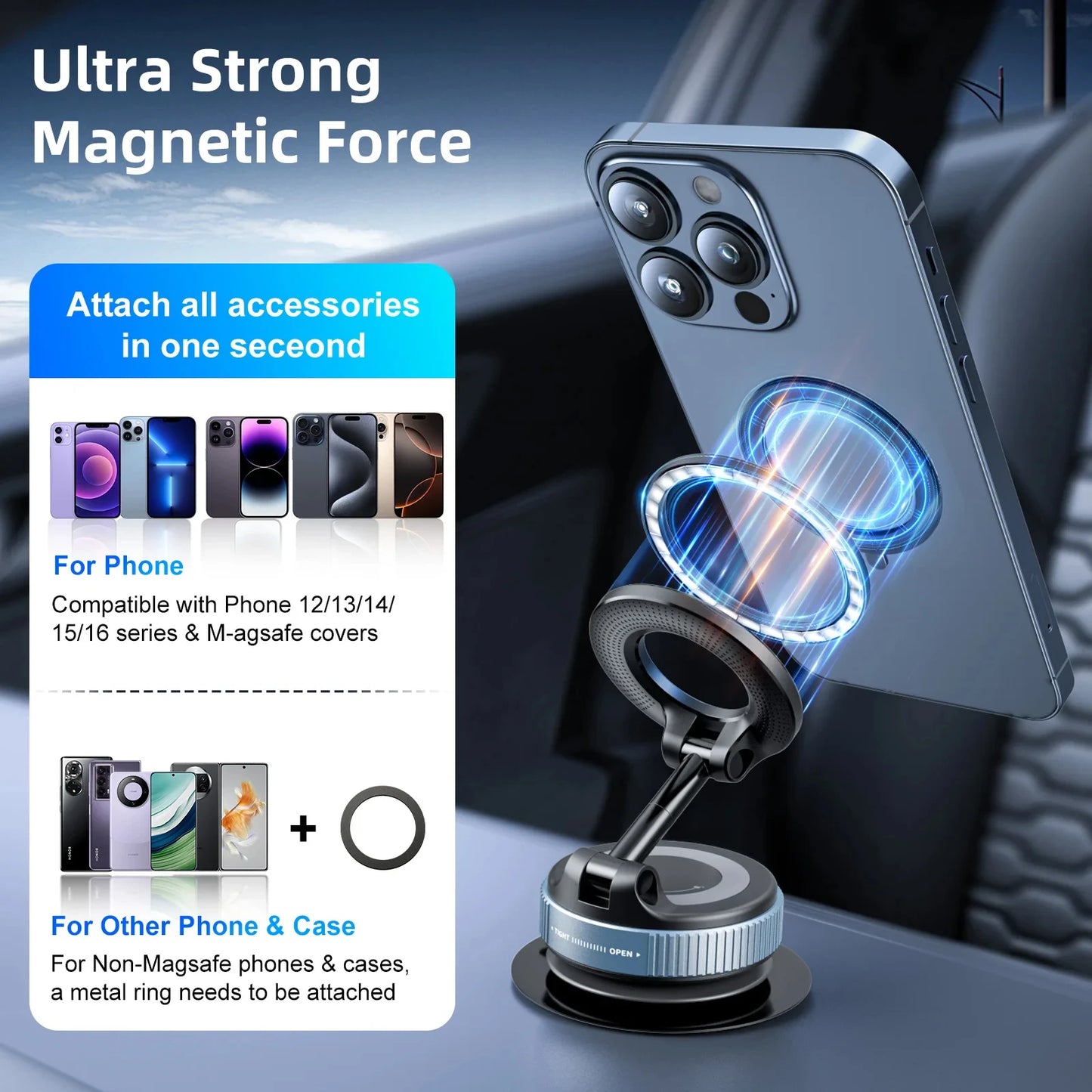 X68 For iphone 14 15 16 Strong Magnetic Car Phone Holder Foldable Design 360° Adjustable Vacuum Mount for Car/Desk/Bathroom Use