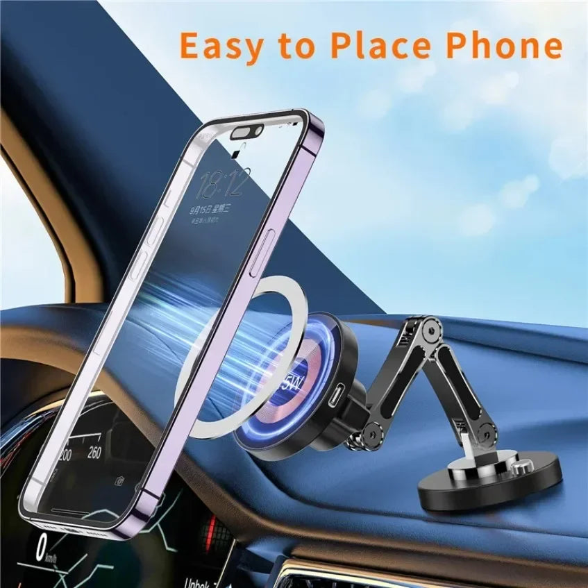 Car Magnetic Wireless Charger Dashboard Phone Holder Adjustable Long Arm For Magsafe iPhone 16 15 14 13 12 Pro Max Fast Charging