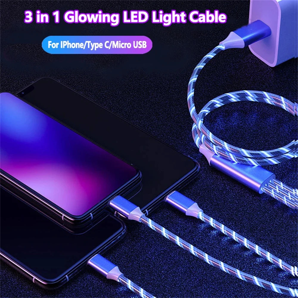 NNBILI 3 IN 1 Glowing LED Light party Phone Charger Luminous USB Type C Cable For Xiaomi iPhone 14 Samsung S24 Phone Accessories