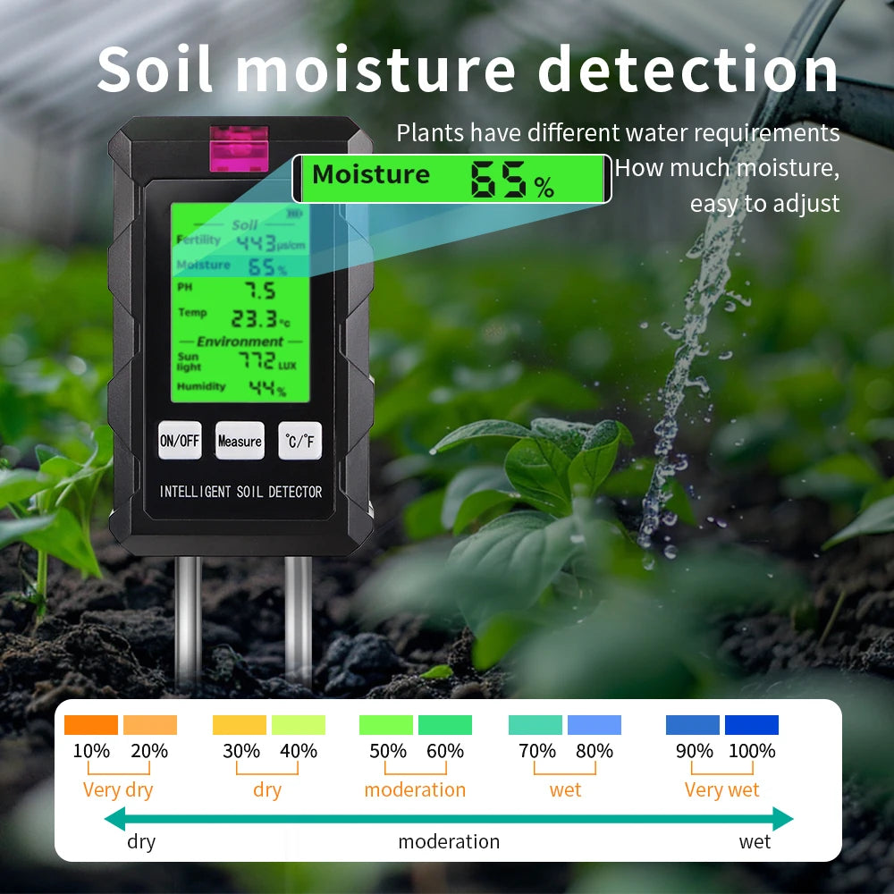 6 in 1 Soil PH Meter Sunlight Ambient Humidity Temp Soil Moisture Tester Nutrient Fertility Detector Garden Soli Analyzer