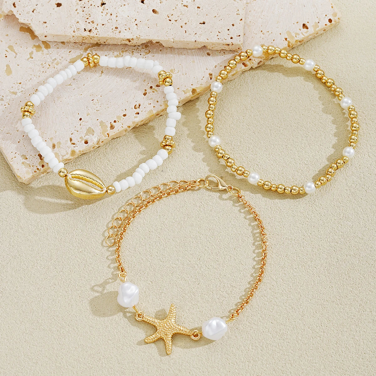 3Pcs/Set Seaside Bohemian Starfish Shells Anklet Set for Women Gold White Color Rice Beads Foot Chain Summer Beach Jewelry Gifts