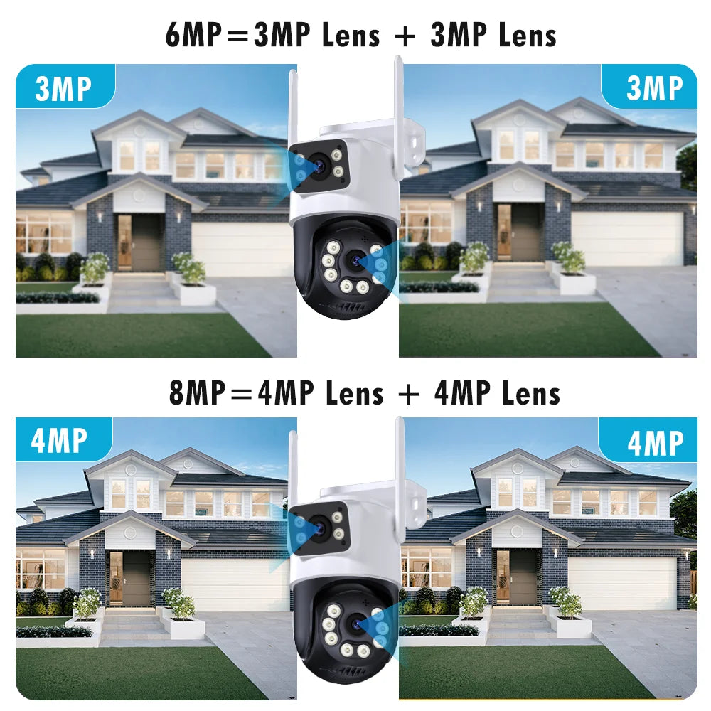 8MP 4K iCSee WiFi Camera PTZ Dual Screens Auto Tracking Night Vision CCTV Surveillance Camera Outdoor 6MP Security IP Camera
