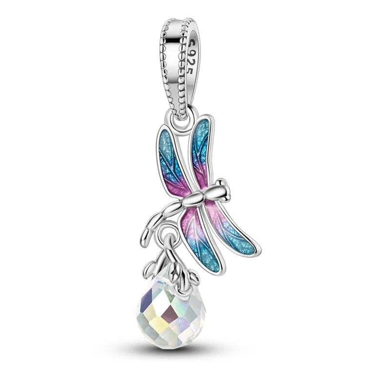 100% 925 Sterling Silver Exquisite Colored Dragonfly Charms Pendants Sparkling Zircon Fit Qikaola Original Bracelets DIY Jewelry