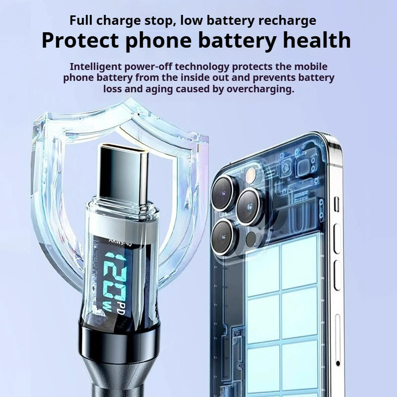 Multi Device Fast Charger Cable 60-120W with LED Display USB A to C and C to C Super Fast Charge for Huwei OPPO iPhone 15 Mac