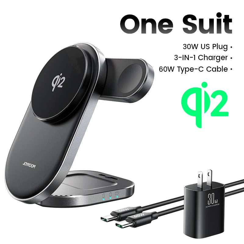 Joyroom Qi2 3 in 1 Wireless Charging Station Foldable Fast Wireless Charger Stand for iPhone 16/15/14/13/12 & Apple Watch JR-W17