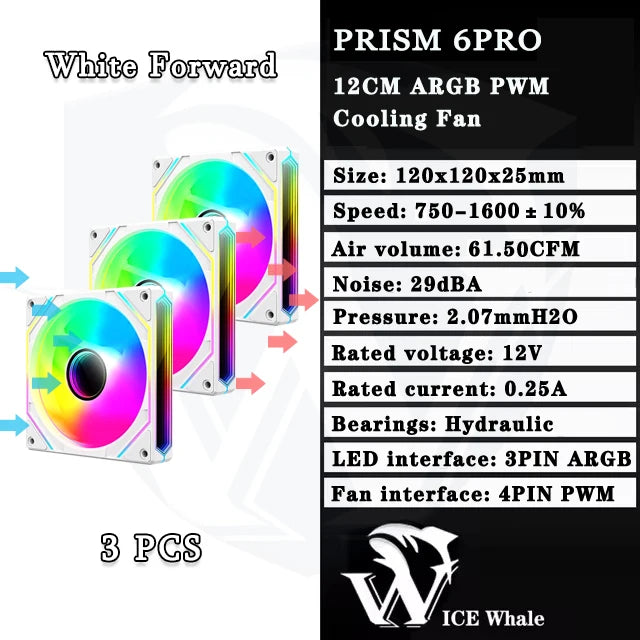 ICE Whale Prism 6PRO PC Case Fan 12cm 3-sided Infinite Mirror 5V 3PIN ARGB Motherboard Lighting Sync 4PIN PWM Silent Cooling Fan