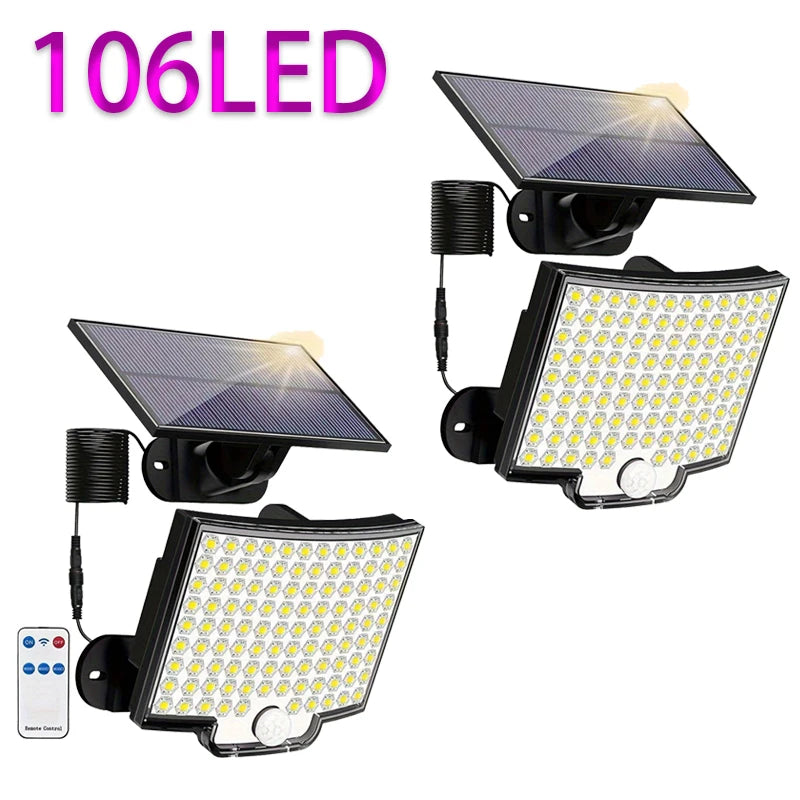 Solar Light Outdoor Waterproof 106 LEDS with Motion Sensor Floodlight Remote Control 3 Modes for Patio Garage Garden Decoration