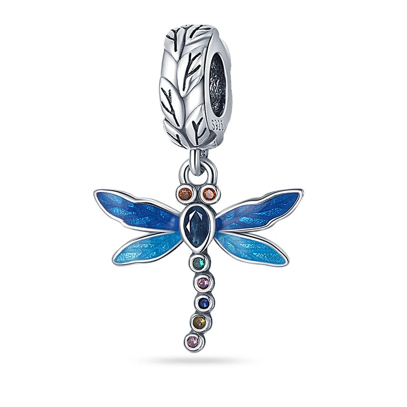 100% 925 Sterling Silver Exquisite Colored Dragonfly Charms Pendants Sparkling Zircon Fit Qikaola Original Bracelets DIY Jewelry
