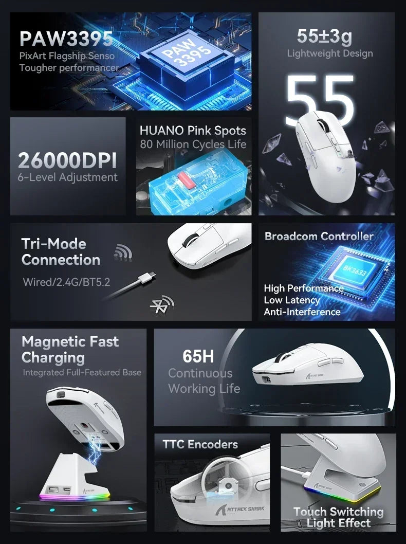 X6 PAW3395 Bluetooth Mouse,2.4 Tri-Mode Connection, RGB Touch Magnetic Charging Base, Macro Gaming Mouse