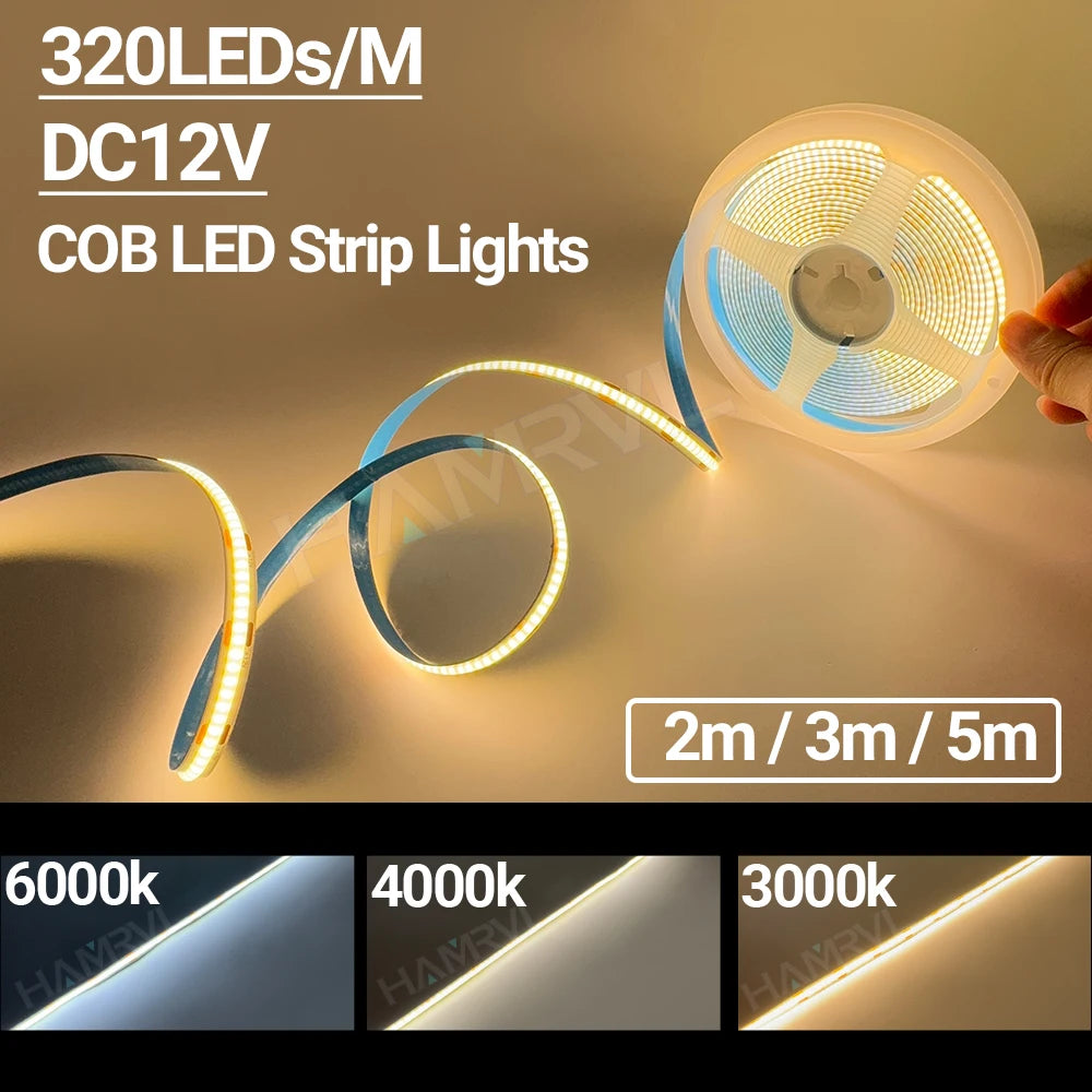 320LEDS/M DC12V COB LED Strip Lights 2M 3M 5M High Density FOB Flexible Diode Tape Light Linear Dimmable 12 Volt Home Decoration