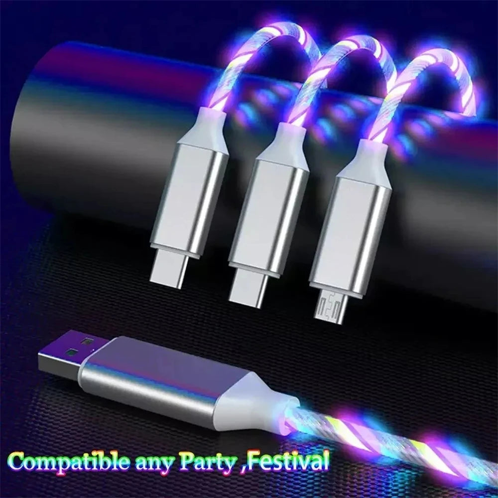 NNBILI 3 IN 1 Glowing LED Light party Phone Charger Luminous USB Type C Cable For Xiaomi iPhone 14 Samsung S24 Phone Accessories