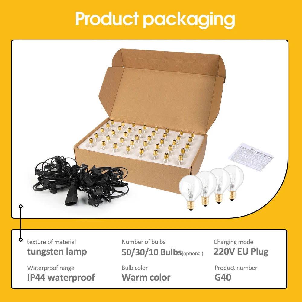 50Ft Patio String Light Outdoor Garland Lights ,220V Connectable Hanging Light for Backyard Porch Balcony Party Decor, E12 G40