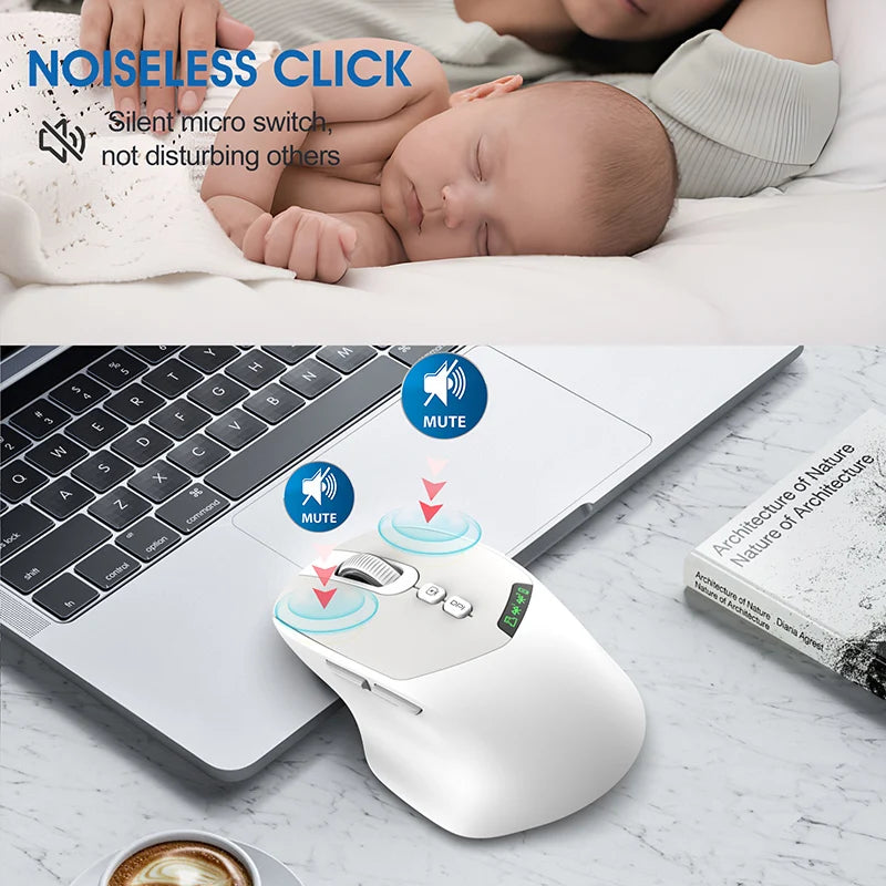 Noiseless Dual Mode Wireless Mouse Bluetooth 2.4G, Silent Click, DPI Adjustable, 500mA Battery, Display for PC Laptop Mac