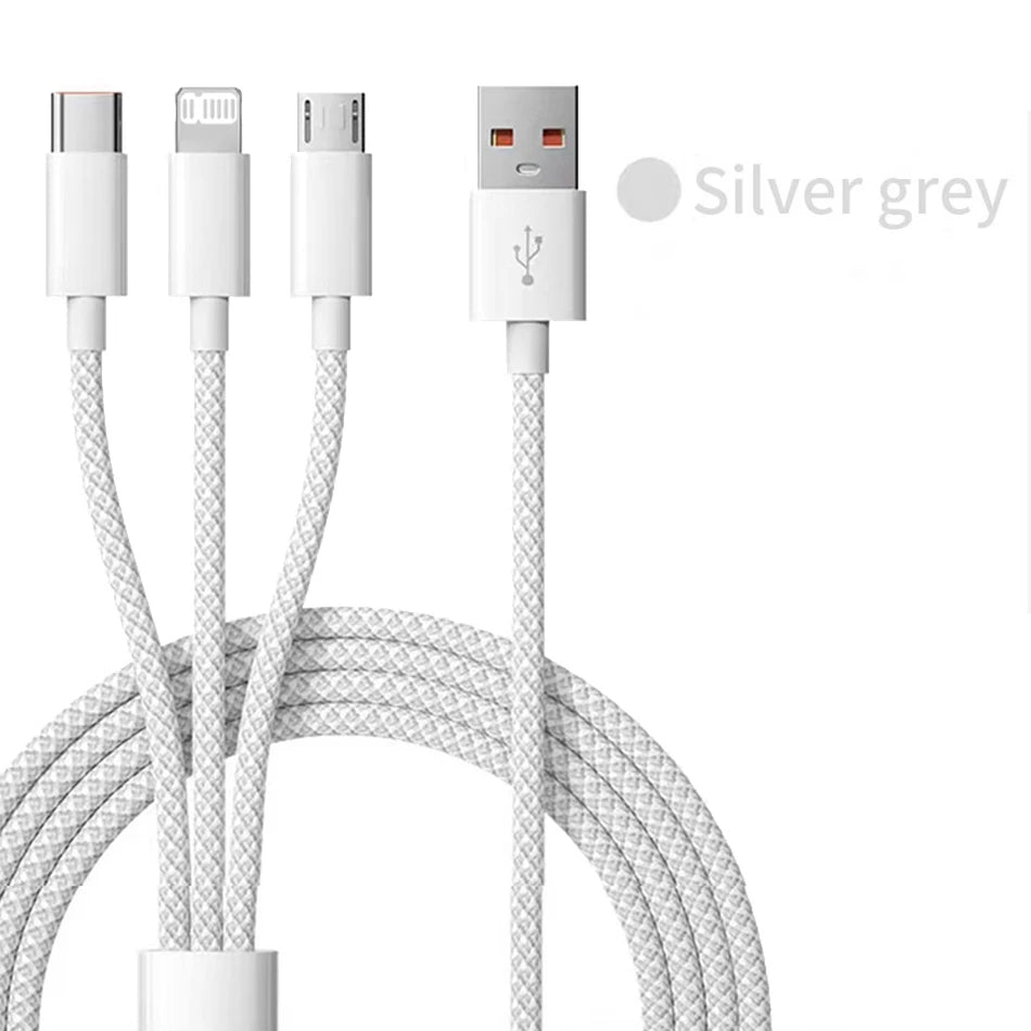 66W 3 In 1 Fast Charging Cable 6A Micro USB Type C Data Cable For Xiaomi Super Fast Charger Nylon Braid Cable 1.2M/2M/3M
