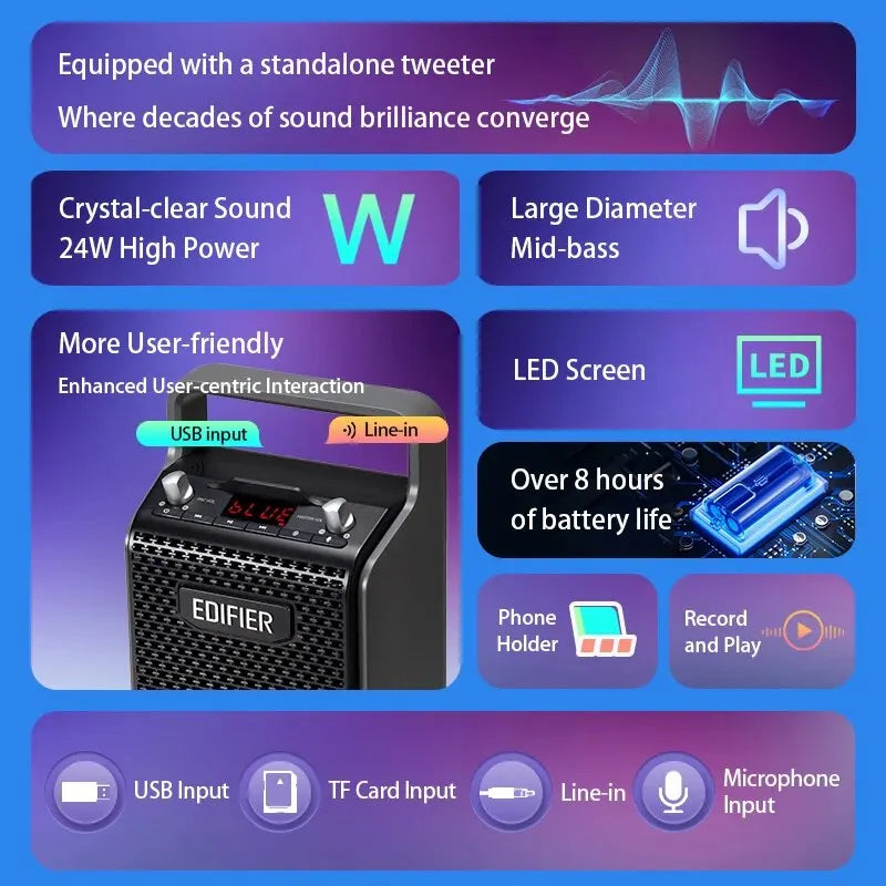 Edifier PP205 Outdoor Portable Bluetooth Speaker Line In USB TF Card Inputs 8 Hours Playback Support Wird Mic Karaoke Speaker