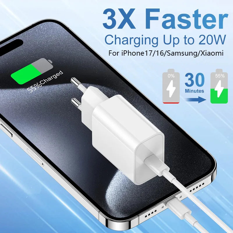For Samsung Xiaomi Redmi Fast Charger EU 20w Wall USB Type C Cable For iPhone 17 16 15 Pro Max Plus iPad AirPods travel Plug us