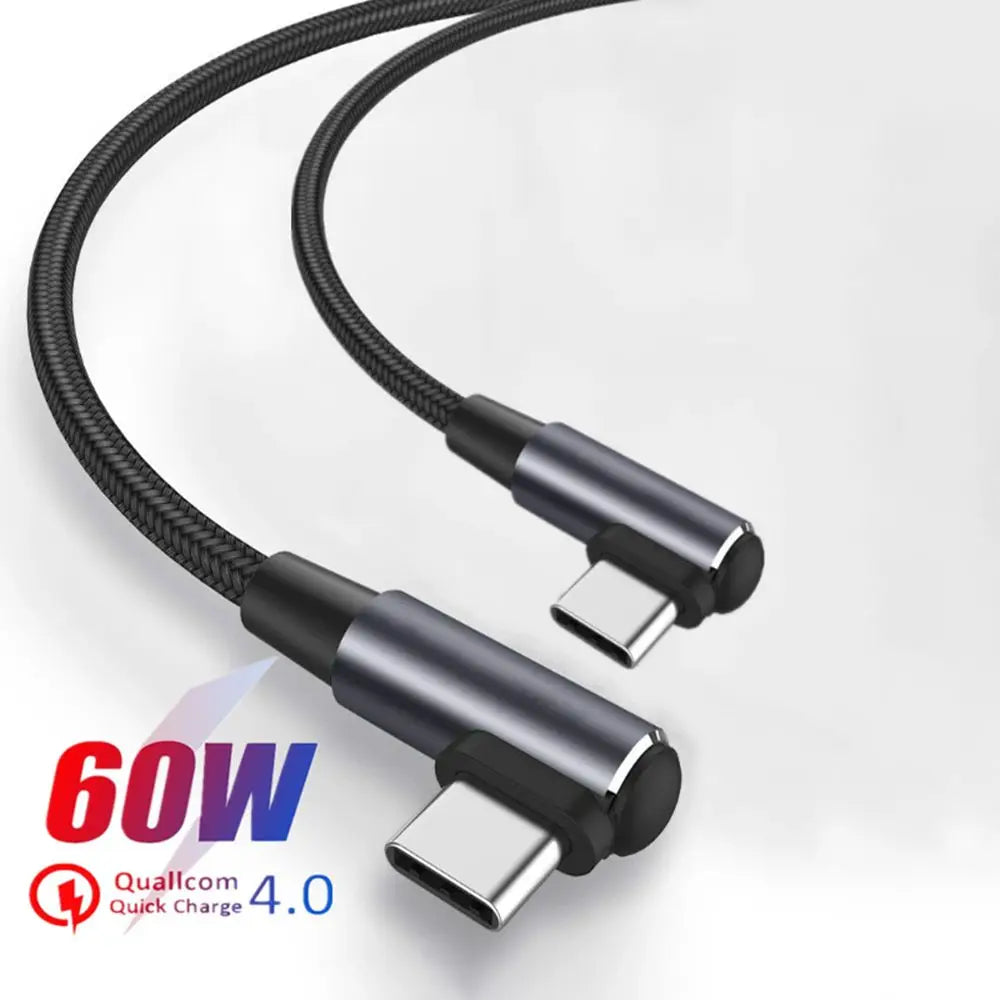 60W PD Fast Charging Line USB C to USB Type C Cable Right Angle Wire 90 Degree Data Cable For Laptop Mobile Phone