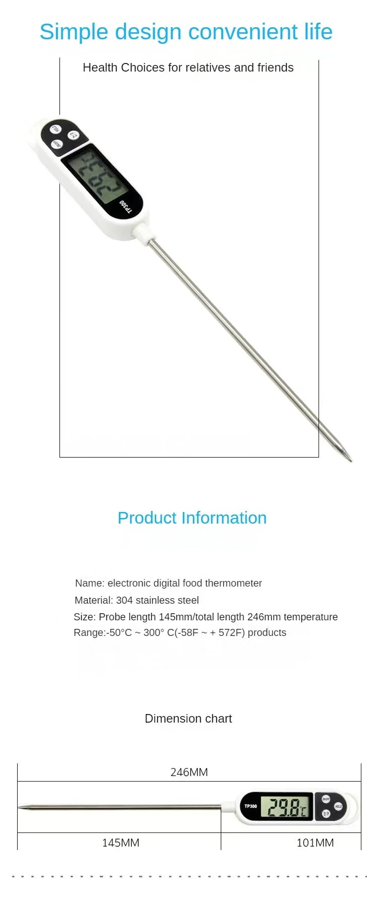 1PCS Food Thermometer TP300 Digital Kitchen Thermometer For Meat Cooking Food Probe BBQ Electronic Oven Kitchen Tools Portable