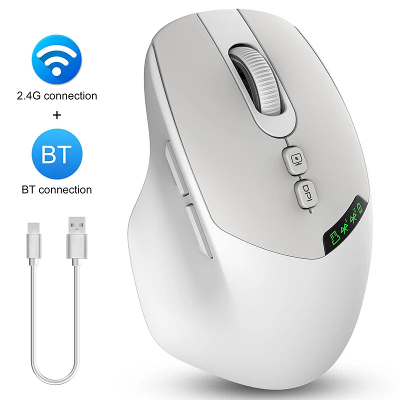 Noiseless Dual Mode Wireless Mouse Bluetooth 2.4G, Silent Click, DPI Adjustable, 500mA Battery, Display for PC Laptop Mac