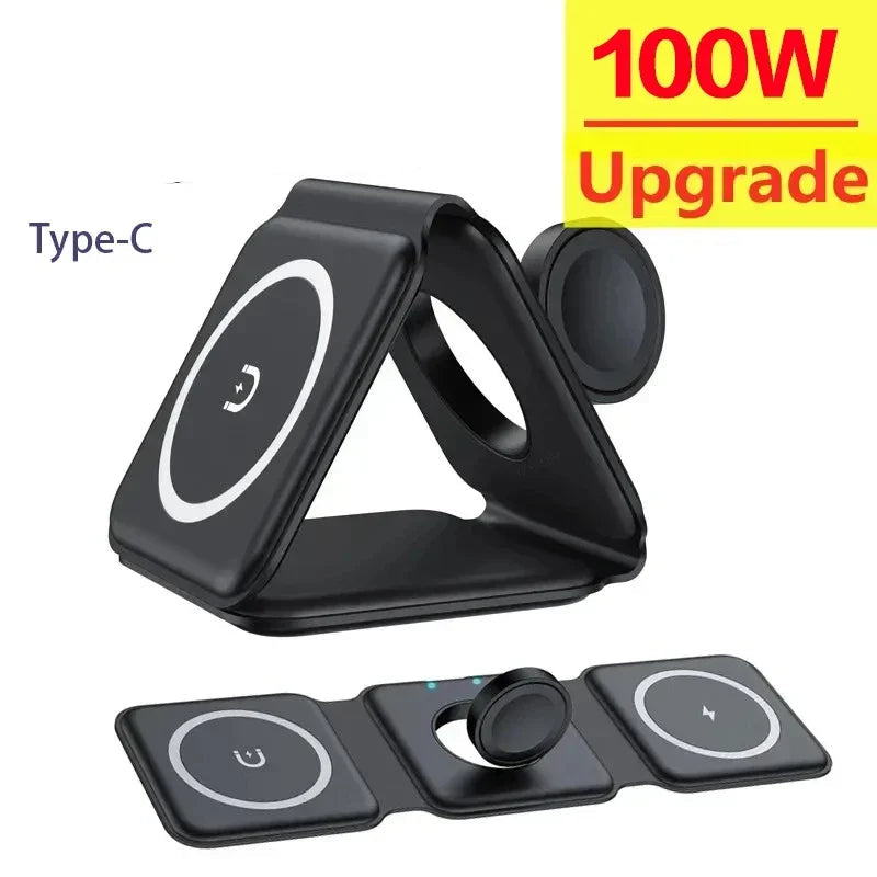 100W 3 in 1 Magnetic Portable Wireless Charger Pad for iPhone 14 13 12 XR Pro Max Apple Watch AirPods Fast Charging Dock Station