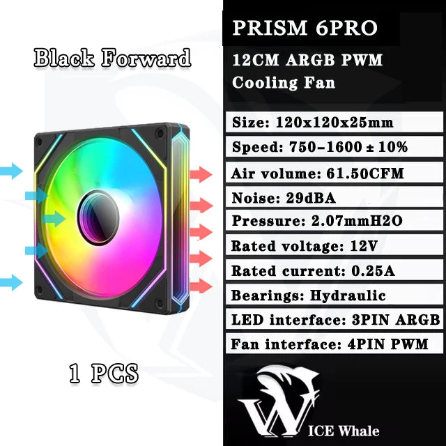 ICE Whale Prism 6PRO PC Case Fan 12cm 3-sided Infinite Mirror 5V 3PIN ARGB Motherboard Lighting Sync 4PIN PWM Silent Cooling Fan
