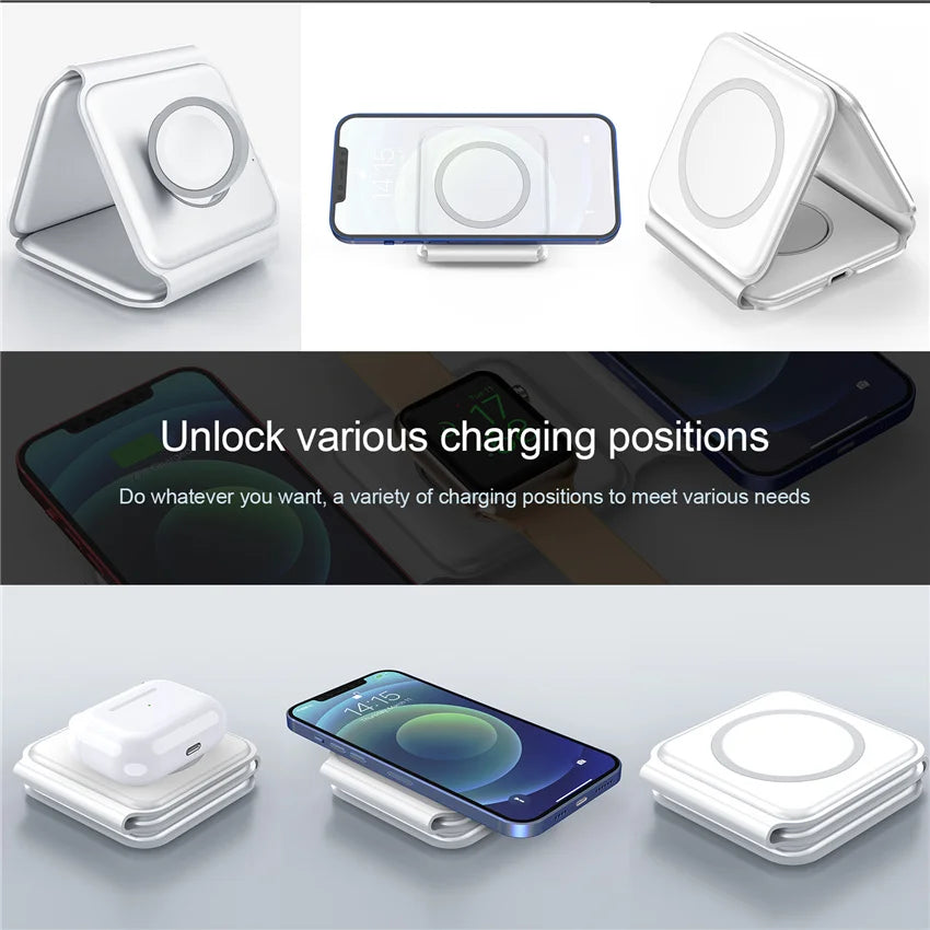 100W 3 in 1 Magnetic Portable Wireless Charger Pad for iPhone 14 13 12 XR Pro Max Apple Watch AirPods Fast Charging Dock Station